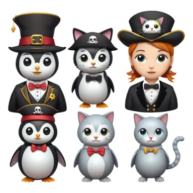 Penguin Wizard, pirata, gato con sombrero y pajarita y mujer con cuerpo de robot sticker