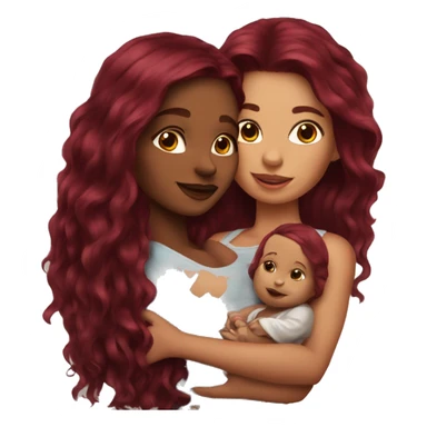 Beautiful tattooed burgundy long haired woman holding a baby sticker