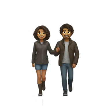 Couple walking in rain holding an umbrella looking at each other and smiling. The girl has curls in her hairs but not much sticker