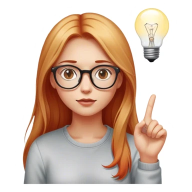 intelligent and clever, 30 year old, girl, long red and almost blond hair, glasses, has an brillant idea, one light bulb next (not over) her head in the air, casual cloth  sticker