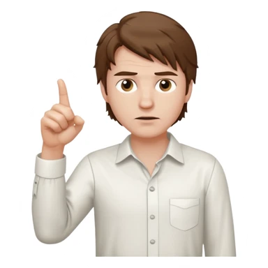 Weak man with disheveled hair pointing to his right sticker