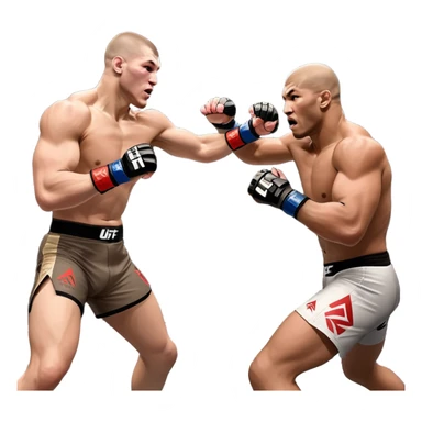 Two MMA fighters in the octagon, one delivering a strong punch while the other defends with a guard. The background shows the UFC octagon with the crowd in the distance. Transparent background emphasizes the dynamic intensity and skill of mixed martial arts. sticker