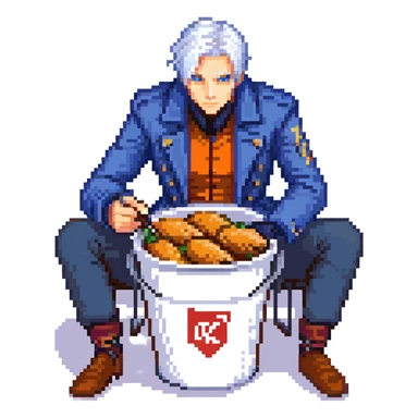 Vergil from Devil May Cry sitting in a KFC bucket, blue coat, white hair, katana sticker