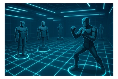 virtual combat training space, stylized VR gym, digital grid floor, combat dummies, high-tech feel, no text sticker