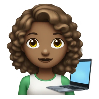brown haired girl with blue and green heterochromia with a laptop sticker