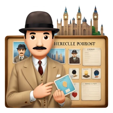 Icon for Detective Movies: A colorful collage with Hercule Poirot and mysterious city backdrop. Include a board with photos of suspects, clues like fingerprints and a crime scene. Retro movie poster style. Transparent background. sticker