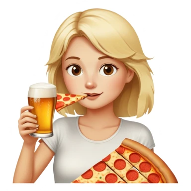 Blond girl eating a slice of pizza and drinking beer in the sunshine sticker