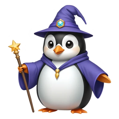 penguin wearing a wizard hat and robe holding a magic wand sticker