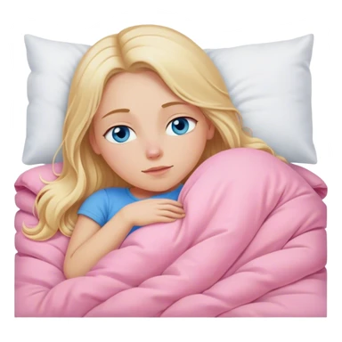 Cinematic realistic blonde with long hair, blue eyes, dressed in a pink top, sleeping in a cozy, soft bed, covered with a white duvet sticker