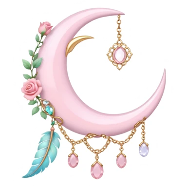 Rosy shiny glossy sparkly romantic pastel crescent damask moon with rose quartz pastel vines pastel gems pastel beads with feathers and chains  sticker