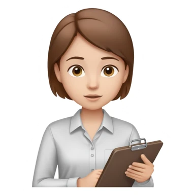 Intern or volunteer with brown hair holding a clipboard and pencil, ready to take notes or assist. The character wears a simple shirt and has an eager posture sticker