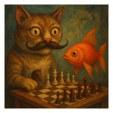 absurd surreal style cat with a human mustache playing chess with a goldfish sticker