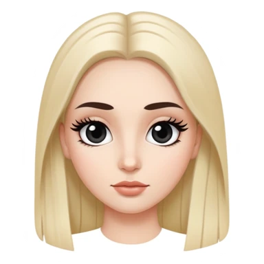 White girl with long oval face, huge round black eyes, big eyelashes, no makeup, natural lips, long straight black middle-parted hair sticker