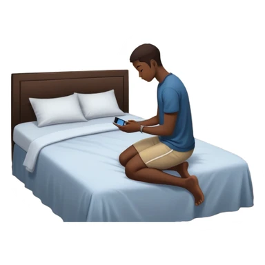 A Gen Z young person kneeling beside bed in bedroom at night praying, smartphone on nightstand, wearing casual clothes, dim lighting, posters on wall sticker