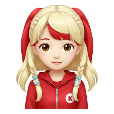 Cute kawaii emoji-style Japanese K-pop girl, long platinum blonde hair in twin tails, red outfit, Japanese K-pop idol vibes, big sparkling eyes, chibi proportions, clean lineart, pastel colors, cheerful idol smile, sticker/emoji style, transparent background sticker