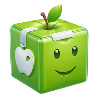 large cube-shaped box wrapped in bright green plastic with white labels, apple style emoji, inspired by reference photo sticker
