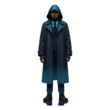 Movie Poster: A tense, gripping design with dramatic lighting. Shadows loom, and ominous shapes emerge from the mist. Suspenseful and cinematic atmosphere.  Include a mysterious figure in a dark coat standing in a rain-soaked alley, with glowing neon signs in the background. Transparent background. sticker