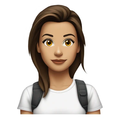 3/4 face, contrasted, shadow, light, Eva Longoria expression, standing from a distance, thin nose, brunette woman, hazel eyes, long eyelashes, dark shoulder shaded hair, white t-shirt, jeans, white sneakers sticker