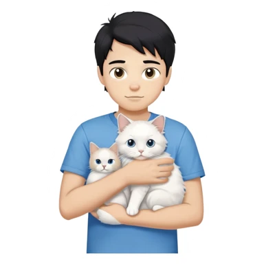 teenage boy with black hair wearing blue short sleeve shirt holding a white ragdoll cat sticker
