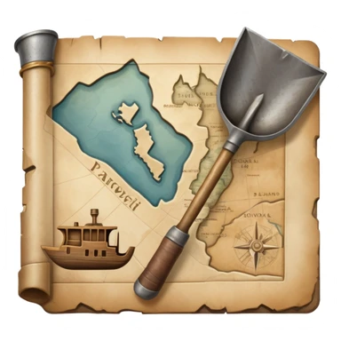 An icon showing a close-up of a shovel, an ancient vessel, and a weathered map, symbolizing archaeology. The design highlights the tools of discovery and the excitement of unearthing historical artifacts. Transparent background emphasizes the focus on the objects. sticker