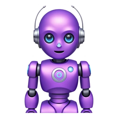 Cute mini robot character, purple body, white C symbol on the chest, soft neon glow, simple face with two bright blue eyes sticker