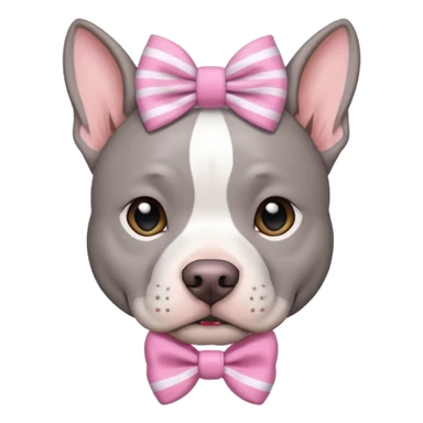 Fully Gray Pitbull with a white stripe on his head and a pink bow sticker
