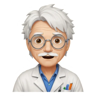 Portrait of an eccentric inventor with messy white hair, round goggles on forehead, wrinkled face with excited expression, wearing a slightly burnt lab coat, background of workshop with blueprints and tools sticker