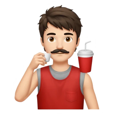 generate an ios genmoji of a fair 20 year guy with black mustache, messy mullet hairstyle, drinking takeaway coffee. wearing a sleeveless red tshirt sticker
