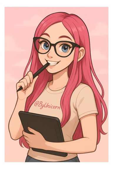 девушка с референса в рисованном милом стиле, у девушки розовые длинные прямые волосы, большие выразительные голубые глаза, черные очки для зрения формы кошачий глаз, нос чуть с горбинкой, девушка улыбается а в зубах прикусывает перо от графического планшета, которое она держит в руке, а в другой руке держит сам планшет 
одета девушка в светло-бежевую облегающую футболку с вышивкой розовым цветом @ByUnicorn, фон градиентный розовый, можно добавить легкие воздушные нежные облака sticker