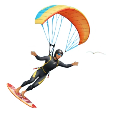 An athlete in a wetsuit, gliding above the waves on a kiteboard, holding onto a paraglider in the sky. The backdrop features a vibrant blue sky and rolling ocean waves, capturing the thrill and skill of the sport with a sense of freedom and adventure. sticker