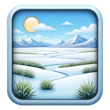 Cinematic Realistic Tundra Emoji in a wooden frame, Vast and cold, with wide expanses of snow-covered ground, sparse grasses poking through, and the occasional hardy shrub breaking up the pale white landscape. The sky above is a pale, frosty blue, and the light reflects off the snow, creating a serene yet starkly beautiful environment. Soft glowing outline, capturing the essence of a quiet, still, frozen wilderness where life endures despite the harsh conditions. sticker