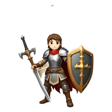 An icon symbolizing a RPG game, featuring a character holding a sword and shield, standing in front of a fantasy world with castles, dungeons and mythical creatures. The design emphasizes exploration, quests with elements like health bars and inventory icons. Transparent background sticker