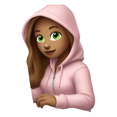 a girl with brown long hair, light beige skin, green eyes, is working relaxed at a modern laptop in a monochrome pale pink zip hoodie with a hood and a pink monochrome T-shirt sticker