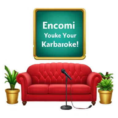 red velvet couch, stand microphone, houseplants, karaoke sign sticker