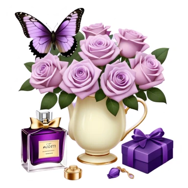 A delicate bouquet of soft lilac Ascott tea roses rests beside a pastel violet aesthetic, accompanied by a stunning butterfly with dark orchid-colored wings, while a luxurious royal purple silk ribbon cascades elegantly next to a beautifully crafted vintage-style perfume flacon in a rich heather hue. sticker