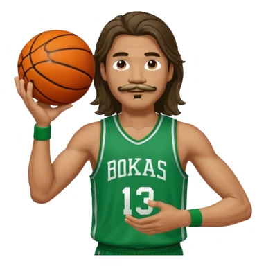 long haired man basketball player green jersey with mustache holding basket ball sticker