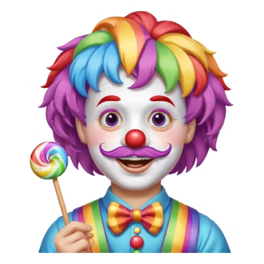 Funny clown — rainbow wig, mustache, candy in hand sticker