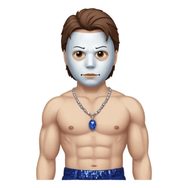 Michael Myers with white mask with brown hair, indigo sequin baggy pants, shirtless with necklace sticker