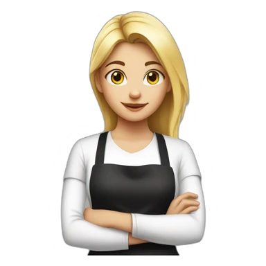 girl in a white T-shirt and a black apron shows a cross with her hands sticker