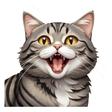 Cinematic Cute Yawning Grey and Black Brown Tabby Cat Portrait Emoji, Head tilted slightly with a dramatic, wide-open yawn, sleek grey-brown fur with dark black tabby stripes, sparkling amber eyes barely open, Simplified yet irresistibly adorable features, highly detailed, glowing with a soft, cozy glow, high shine, relaxed yet expressive, stylized with a touch of whimsy, bright and endearing, soft glowing outline, capturing the essence of a sleepy yet affectionate kitty, so drowsy it feels like it could stretch right out of the screen and curl up for a nap! sticker