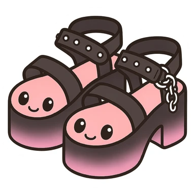Add a gradient effect from black to pastel pink on the platform sandals with silver studs and chains, kawaii style, no socks, no hearts, transparent background sticker