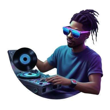 A dj wearing sunglasses playing music holding a cd record record, vinyl, oilslick holographic blacklight inverted graffiti dark dull sticker