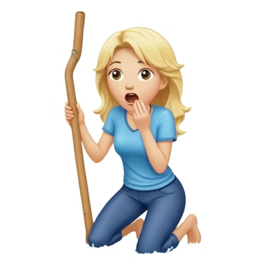 simple blond woman kneeling, surprised, big cartoon stick with D-shaped knob emerging from hanging pants, water splash into her mouth sticker