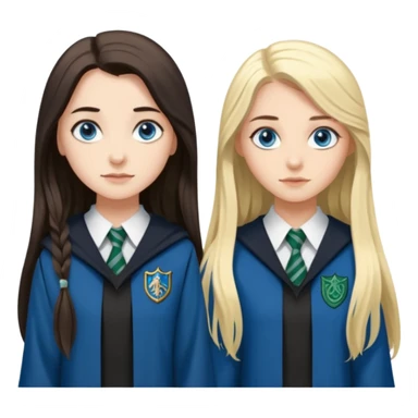 a pretty ravenclaw girl with long dark brown hair and blue eyes standing with a pretty Slytherin girl with long blonde hair, blue eyes sticker