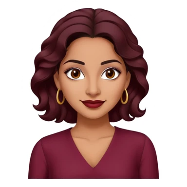Puerto Rican actress Lynette Torres, woman with warm brown skin, attractive elegant features, expressive dark eyes, well-defined eyebrows, straight nose, friendly smile, long dark wavy hair, wearing a fashionable burgundy top sticker