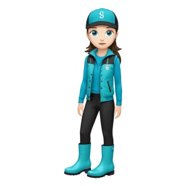 A landscaper in a beautiful turquoise jacket, turquoise rubber boots, and black pants. Over the turquoise jacket, she wears a black sleeveless vest. On her head, she wears a black Swissotel baseball cap. The girl is a brunette with blue eyes. sticker
