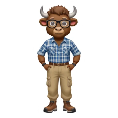 friendly anthropomorphised bison in cargo pants and plaid shirt, wearing glasses, jogging upright, relaxed pose sticker