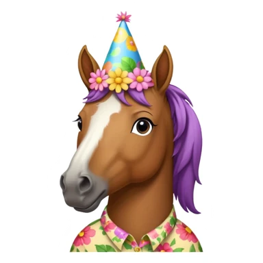horse in flowered shirt with party hat, front view sticker