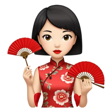 a chinese woman wearing a cheongsam holding a folding fan elegantly with fancy, red lipstick and short black hair sticker