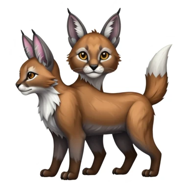 Realistic patterned marked edgy greyish blackish whitish silvery coppery Shiny Colorful Glossy Caracal-Fox-Cabbit-Lion-Lynx-Bobcat-fusion-animal-hybrid-creature, full body, big-tufted-bat-ears, long-thin-tufted-white-tipped-tail sticker